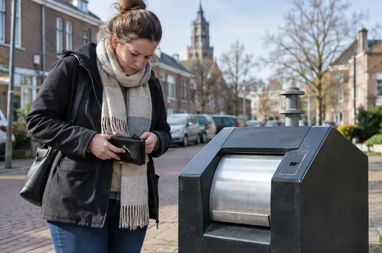 Bewoner controleert haar portemonnee naast een ondergrondse afvalcontainer in een Nederlandse woonstraat