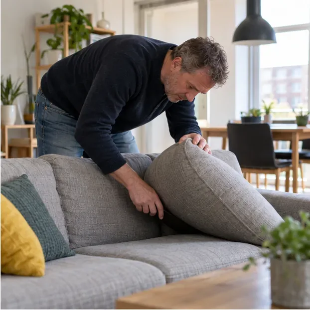 Een bewoner zoekt tussen de kussens van een bank naar een zoekgeraakte pas.
