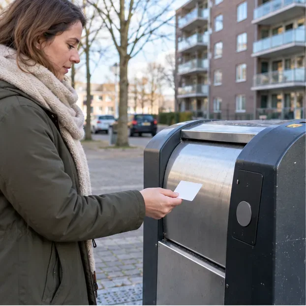 Een bewoner houdt een toegangspas bij een ondergrondse afvalcontainer in een woonwijk.