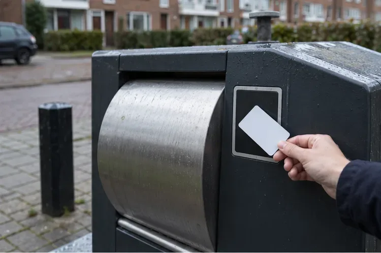 Een hand houdt een blanco kaart voor de lezer van een ondergrondse afvalcontainer in een woonstraat.