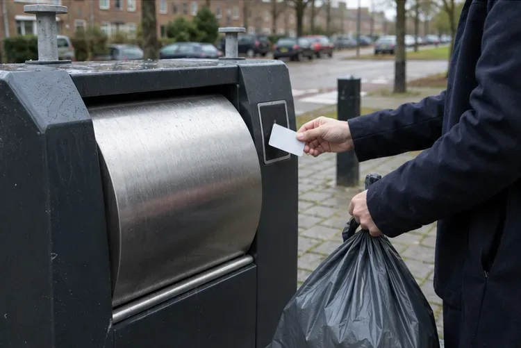 Een bewoner houdt een blanco kaart bij de lezer van een ondergrondse container en draagt een gesloten afvalzak.