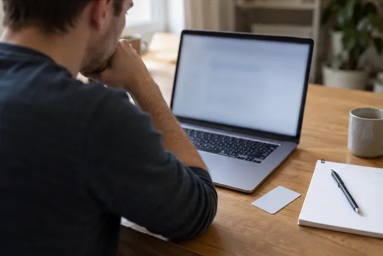 Een bewoner zit thuis bij een laptop met een onscherp scherm, een blanco kaart en een notitieblok op tafel.