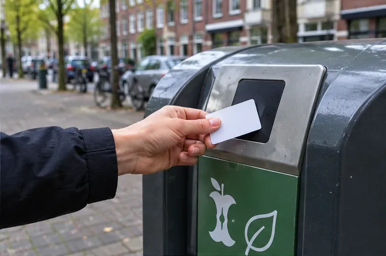 Hand houdt een witte toegangspas bij de kaartlezer van een groene gfe/t-afvalcontainer op straat
