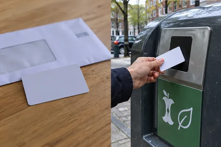 Nieuwe witte afvalpas ligt bij een envelop en wordt daarna bij een gfe/t-container gebruikt