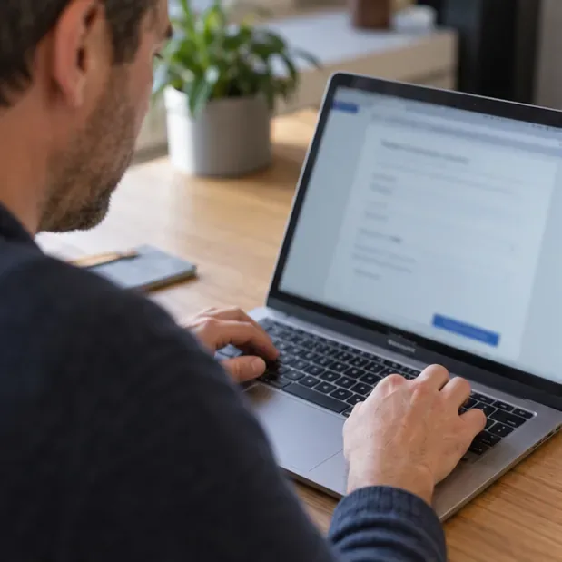Iemand vult op een laptop een online aanvraagformulier in; de scherminhoud is bewust niet leesbaar afgebeeld.