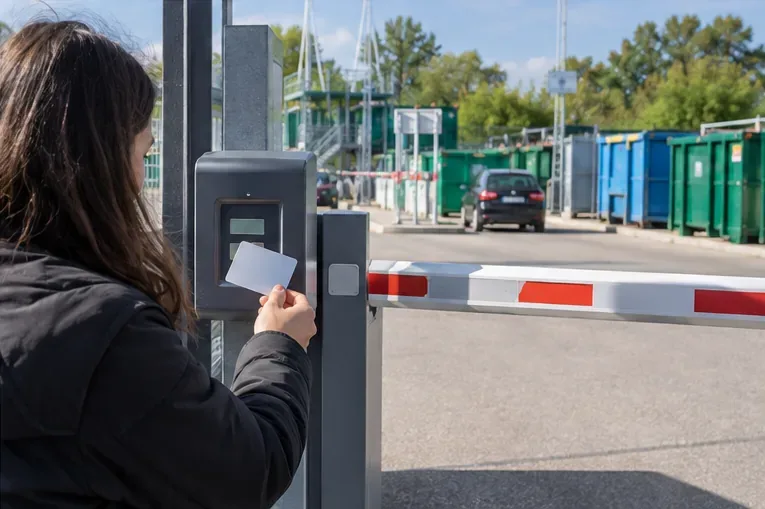 Een bezoeker houdt een toegangspas bij een kaartlezer voor de slagboom van een afvalbrengstation.