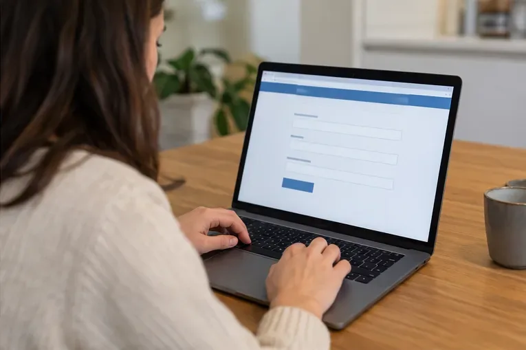 Een bewoner vult thuis op een laptop een eenvoudig online aanvraagformulier in.