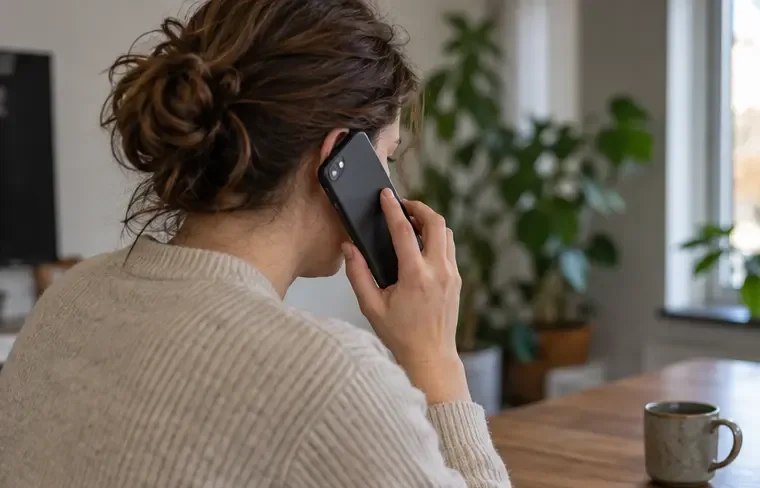 Een bewoner belt met haar mobiele telefoon om een vermiste afvalpas te melden.