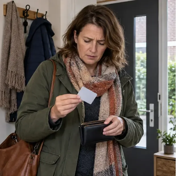 Inwoner controleert een portemonnee en houdt een blanco afvalpas vast bij de voordeur.