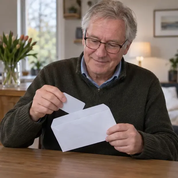 Inwoner haalt een blanco nieuwe afvalpas uit een envelop aan de keukentafel.