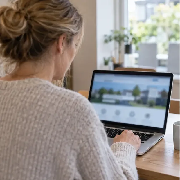 Inwoner gebruikt een laptop om een gemeentelijke afvaldienst te openen; de scherminhoud is niet leesbaar.