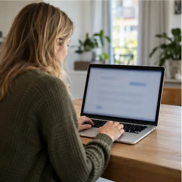 Bewoner vult op een laptop een online aanvraagformulier in, zonder leesbare schermtekst