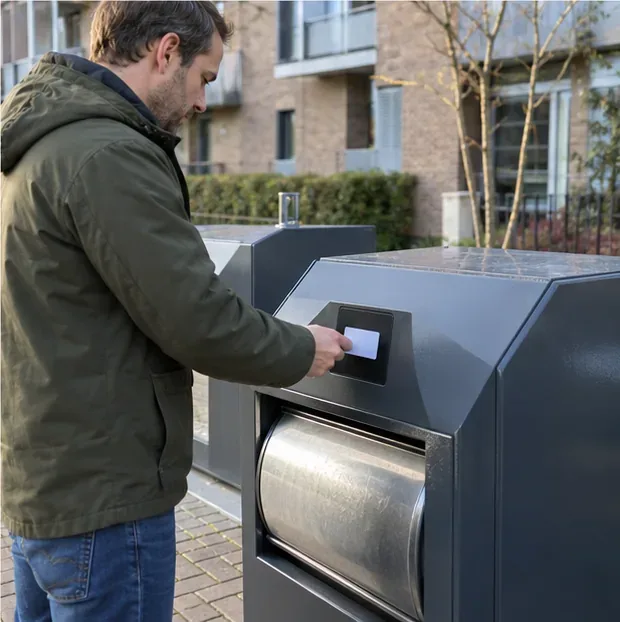 Bewoner houdt een nieuwe toegangspas voor de lezer van een ondergrondse restafvalcontainer