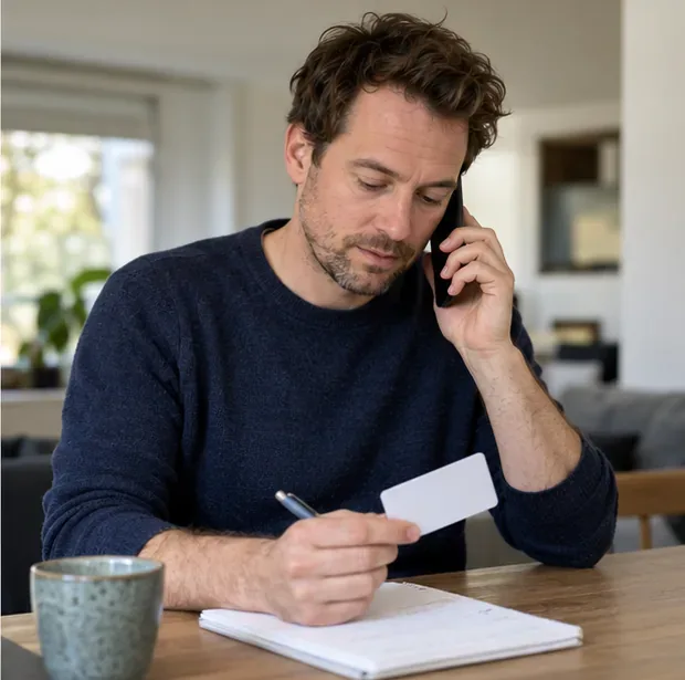 Bewoner belt de klantenservice en noteert gegevens naast een toegangspas