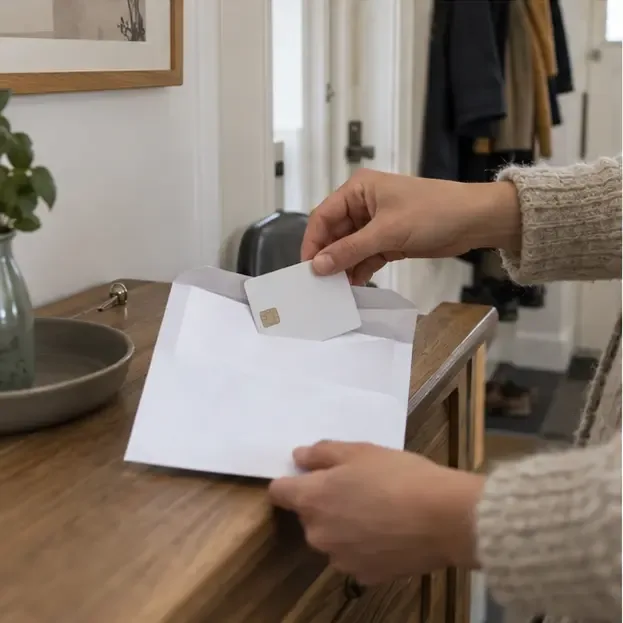 Een hand haalt een nieuwe, onbedrukte huisvuilpas uit een envelop op een haltafel