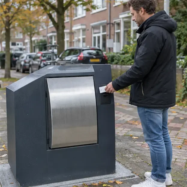 Een inwoner houdt een huisvuilpas bij de lezer van een ondergrondse restafvalcontainer