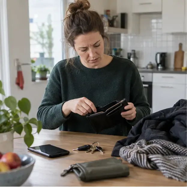 Een inwoner zoekt in een portemonnee en tussen sleutels naar een vermiste huisvuilpas