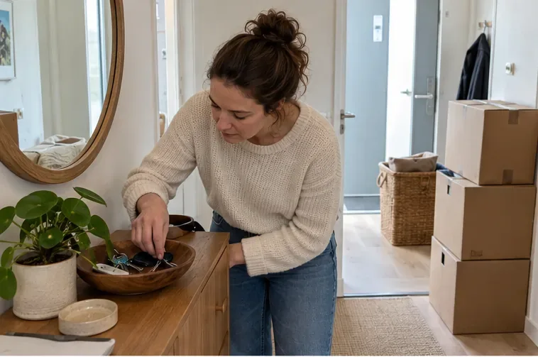 Nieuwe bewoner zoekt in de hal van een woning tussen de sleutels naar de ontbrekende milieupas