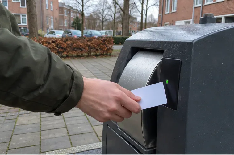 Hand houdt een eenvoudige toegangspas bij de lezer van een ondergrondse restafvalcontainer in een woonstraat