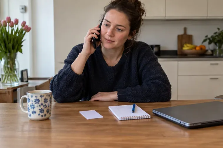 Bewoner belt vanaf de keukentafel met een pas en notitieboekje klaar om de aanvraaggegevens te bespreken