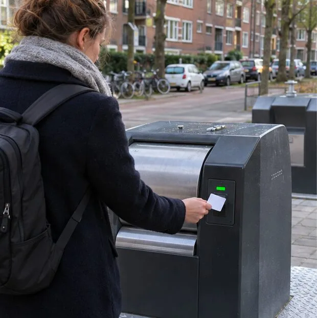 Een nieuwe bewoner houdt een witte pas tegen de kaartlezer van een ondergrondse restafvalcontainer met een groen lampje