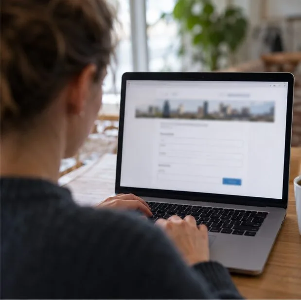 Een bewoner vult op een laptop een algemeen online aanvraagformulier in aan de keukentafel