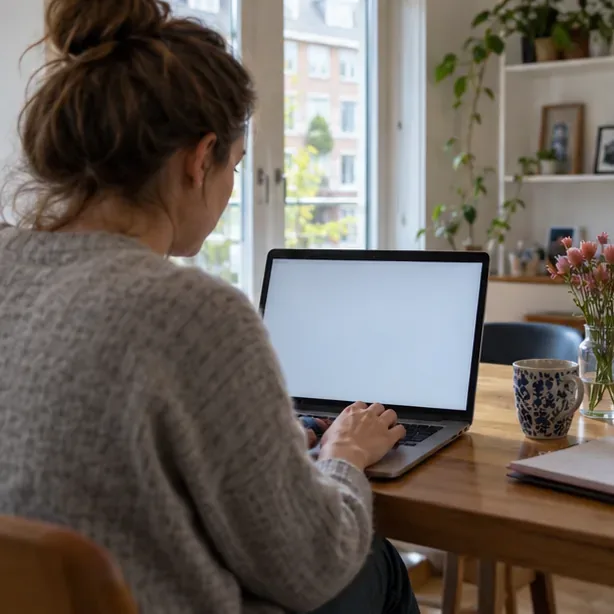 Een bewoner zit thuis achter een laptop om een gemeentelijke aanvraag in te vullen; de scherminhoud is niet leesbaar.