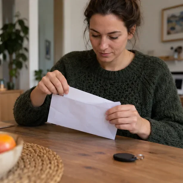 Een bewoner opent thuis een envelop waarin een nieuwe, ongemerkte sleutelhangertag zit.