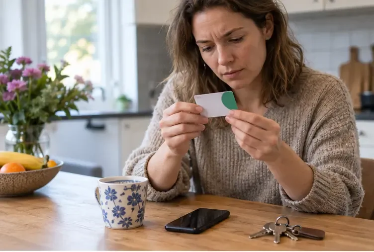 Bewoner bekijkt een afvalpas naast een telefoon en sleutels aan een keukentafel