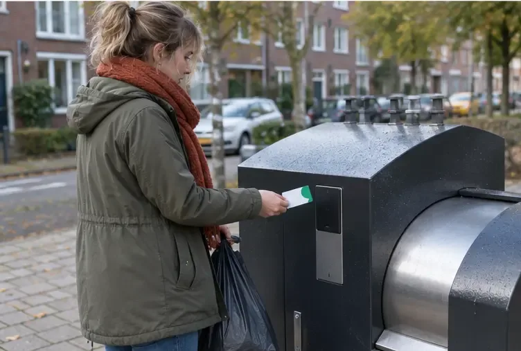 Bewoner houdt een afvalpas voor de lezer van een ondergrondse afvalcontainer in een woonstraat