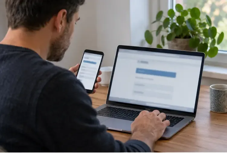 Bewoner gebruikt een laptop en telefoon om een verloren of geblokkeerde afvalpas online te melden