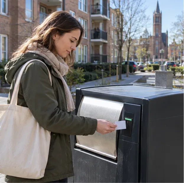 Een bewoner houdt een pas bij de lezer van een ondergrondse afvalcontainer in een woonstraat