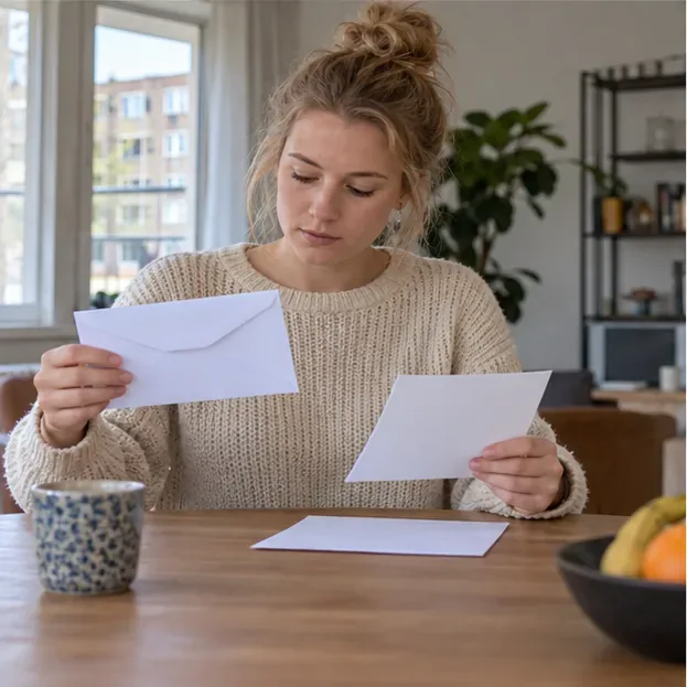 Een nieuwe bewoner leest een envelop en papieren aan de keukentafel