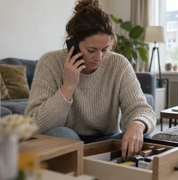 Een bewoner doorzoekt thuis een lade en tas op zoek naar een kwijtgeraakte pas