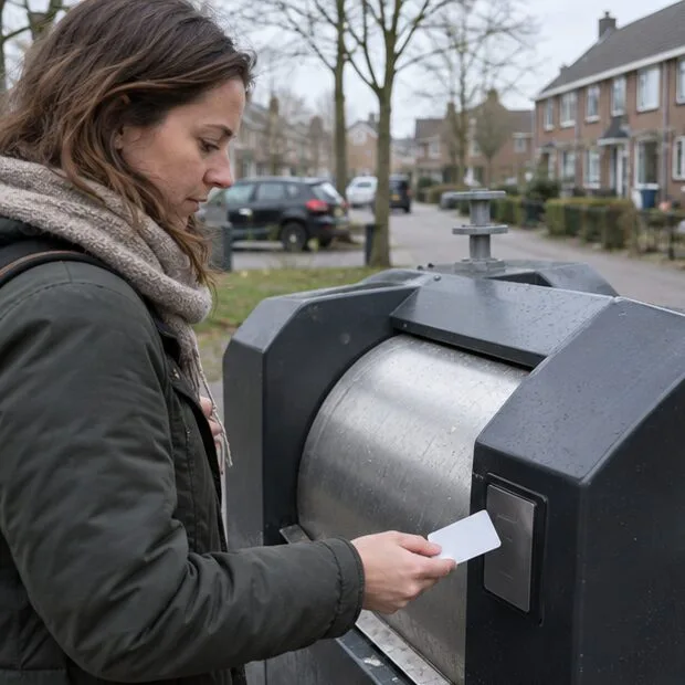 Een bewoner houdt een effen pas bij de lezer van een ondergrondse afvalcontainer in een woonstraat