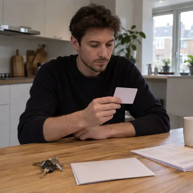 Een nieuwe bewoner bekijkt een effen pas naast huissleutels, een envelop en papieren op tafel