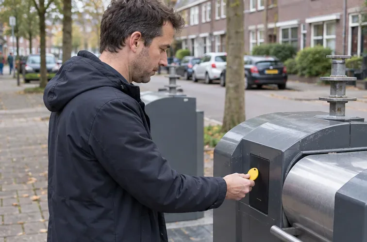 Een man houdt een gele tag tegen de lezer van een ondergrondse afvalcontainer.