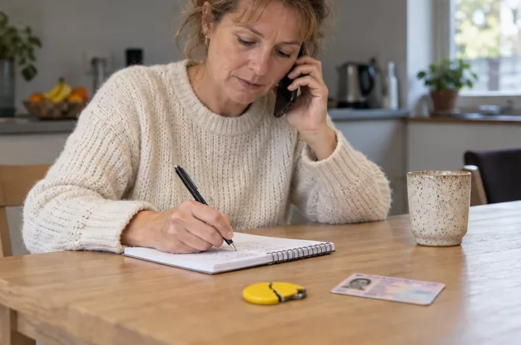Een vrouw telefoneert en noteert informatie aan tafel; een gele tag en legitimatiebewijs liggen voor haar.