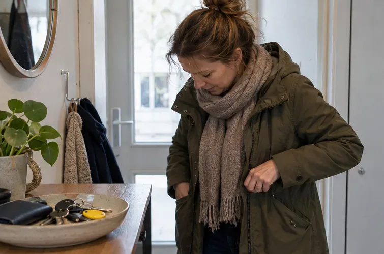Een bewoner controleert haar jaszak bij de voordeur; haar sleutels liggen op een schaal.