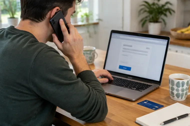 Een bewoner belt met een klantenservice terwijl hij een online formulier op een laptop bekijkt