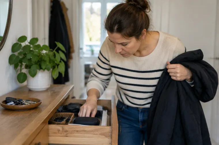 Een bewoner zoekt thuis in een lade naar een zoekgeraakte afvalpas in Zwolle