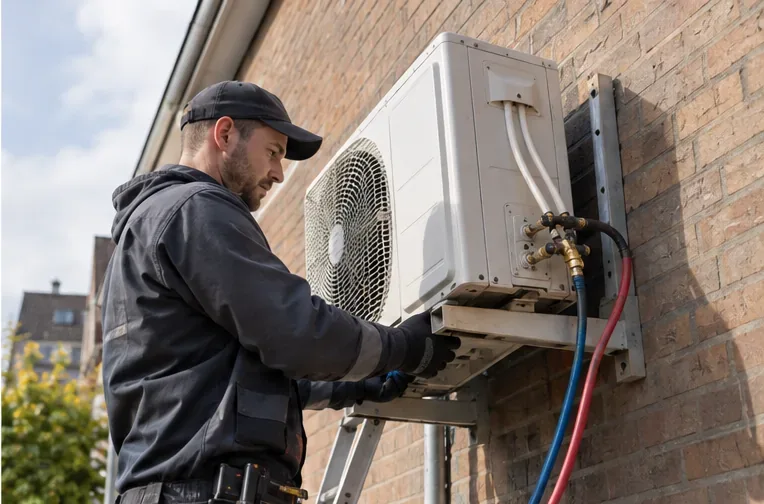 Een koelmonteur werkt met slangen en gereedschap aan de buitenunit van een vaste split-airco aan een bakstenen gevel.