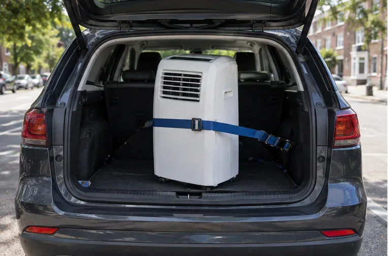 Een mobiele airco staat rechtop in de kofferbak van een auto en is met een spanband vastgezet.