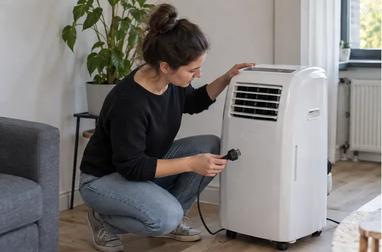 Een bewoner controleert een losgekoppelde mobiele airco in een woonkamer en houdt de stekker vast.