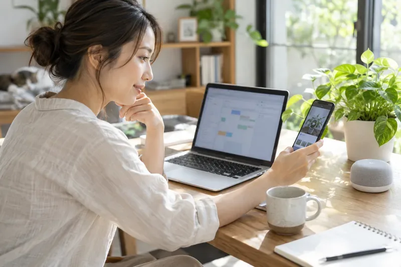 自宅の机でノートパソコンの予定表を確認しながら、スマートフォンのカメラを鉢植えに向ける人。そばにスマートスピーカーが置かれている