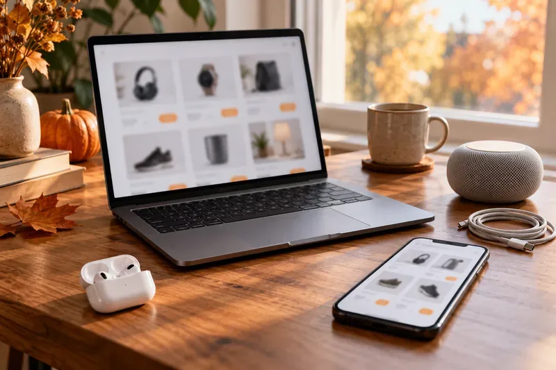 Laptop e smartphone con schede prodotto sfocate, auricolari wireless, altoparlante smart e cavo di ricarica su una scrivania