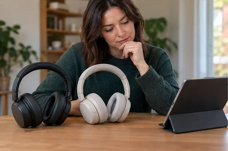 A shopper compares two pairs of over-ear headphones beside a tablet on a desk.