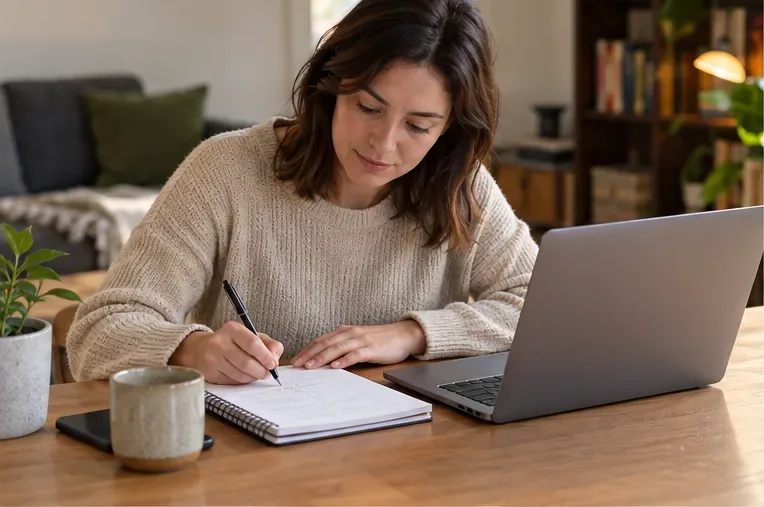 A shopper writes a short technology shopping list and budget in a notebook beside an open laptop.