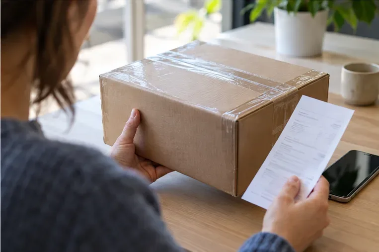 A customer checks a delivered electronics parcel and printed order slip beside a smartphone.