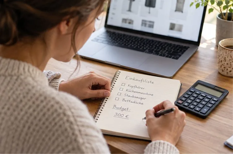 Eine Person notiert eine Einkaufsliste und ein Budget in ein Notizbuch neben einem Taschenrechner und einem geöffneten Laptop